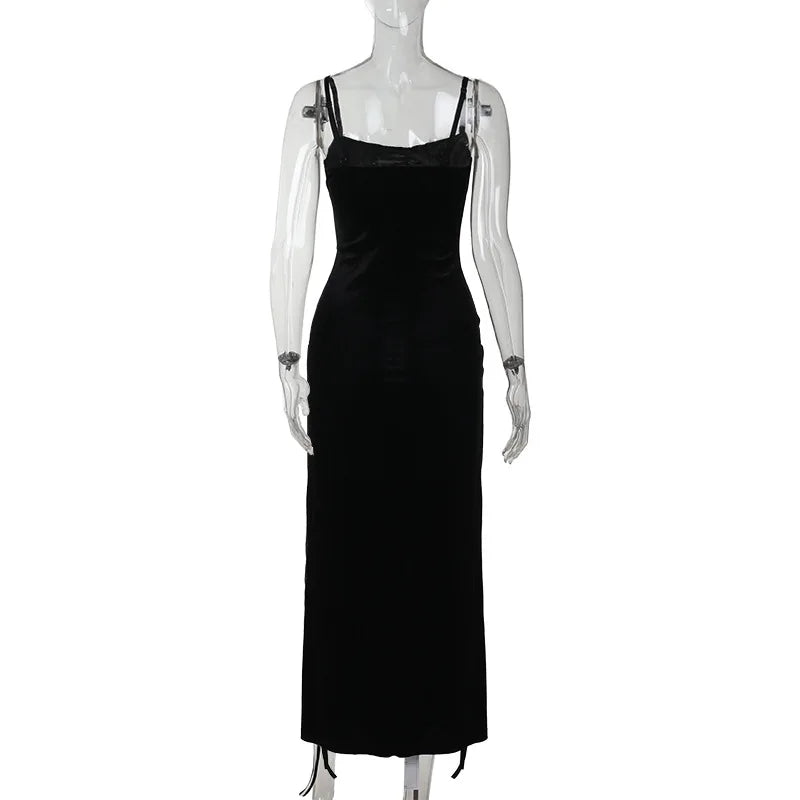 Punk-Grunge-Kleid mit hohem Beinschlitz, Trägern, 90er-Jahre-Streetwear-Stil, sexy Samtkleid mit Maisbandage, Gothic-Kleidung