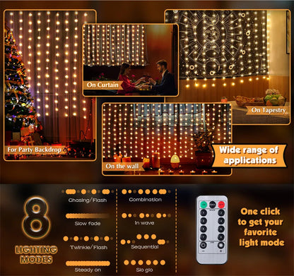 Fairy String Curtain LED Lights – 8 Modes, Remote & USB