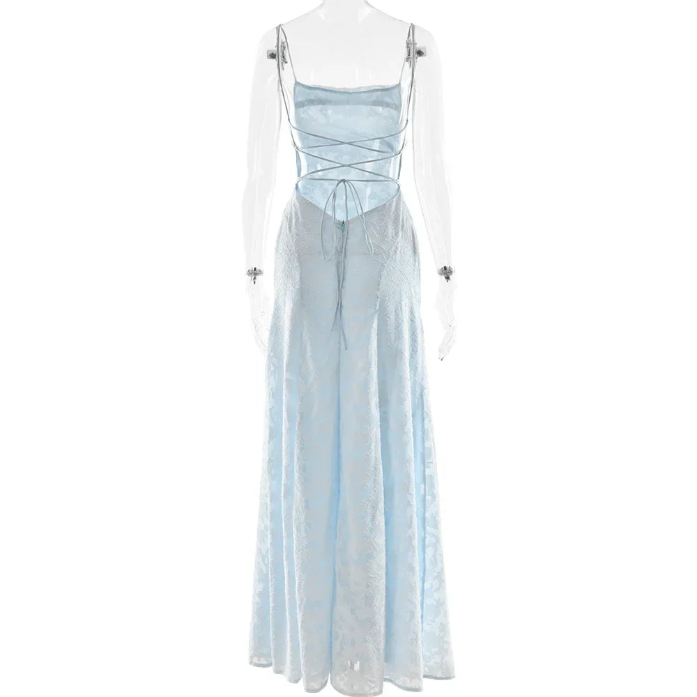 Chaxiaoa Spaghetti Strap Backless Sexy Maxi Dress Women Gown Fashion Off-shoulder Sleeveless Lace-up Evening Club Party Dress