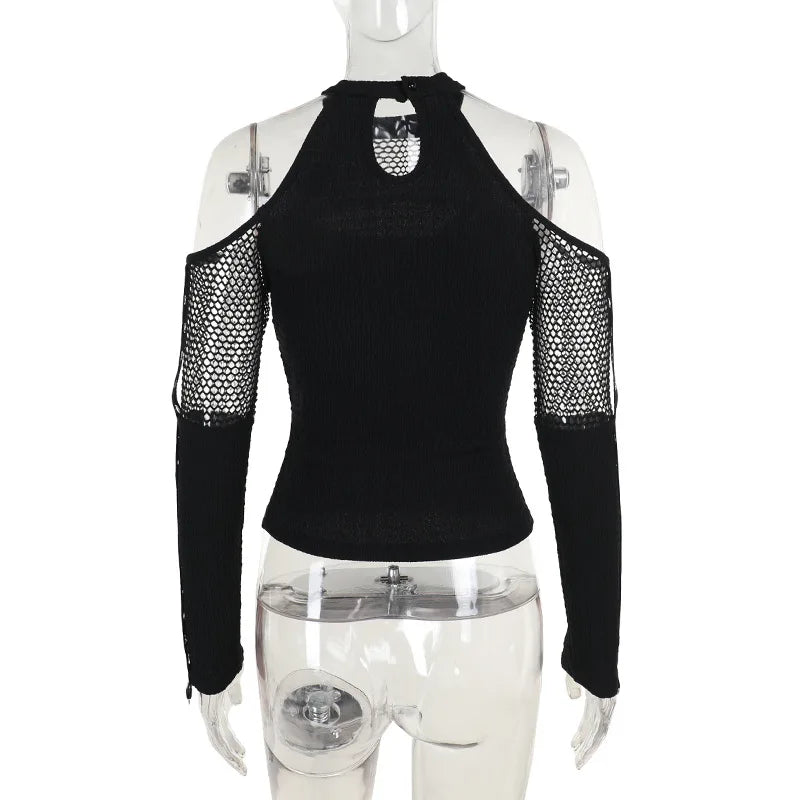Dark Veil Gothic Fishnet Patchwork Off-Shoulder Halter Top