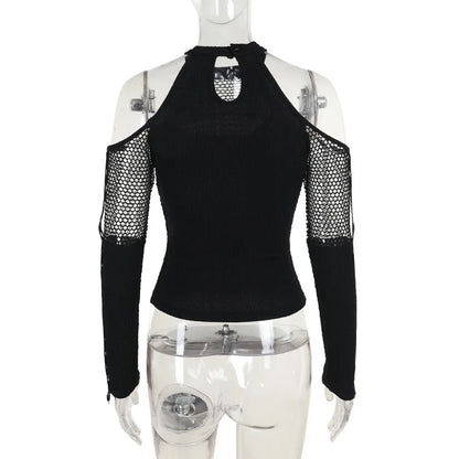 Dark Veil Gothic Fishnet Patchwork Off-Shoulder Halter Top