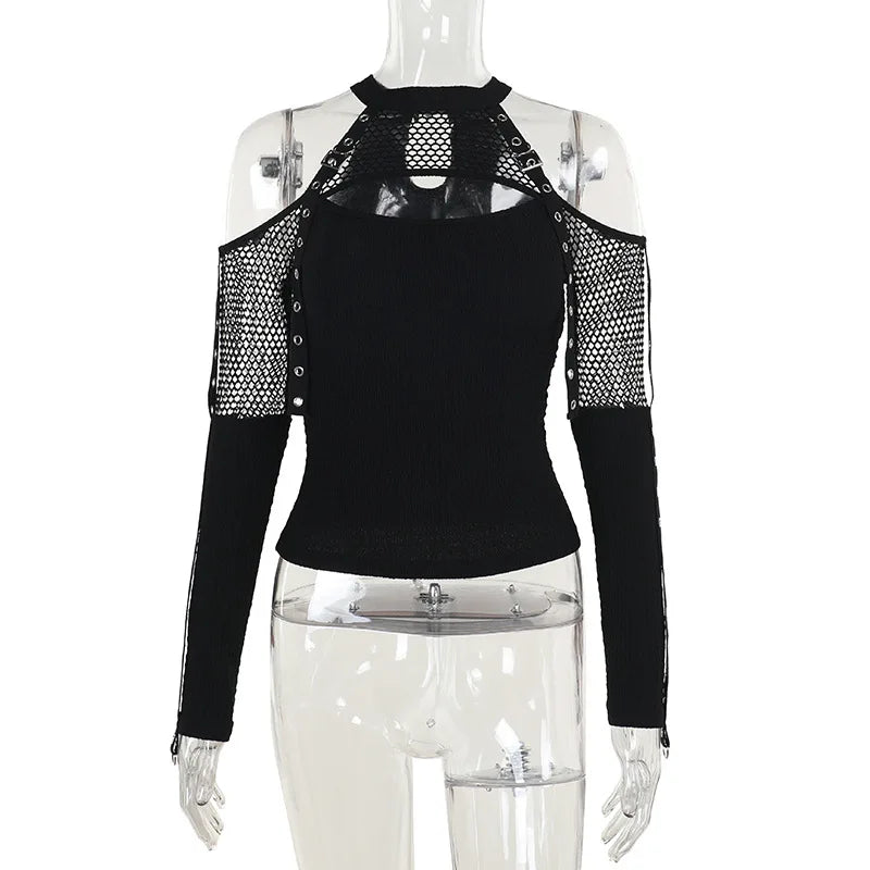 Dark Veil Gothic Fishnet Patchwork Off-Shoulder Halter Top