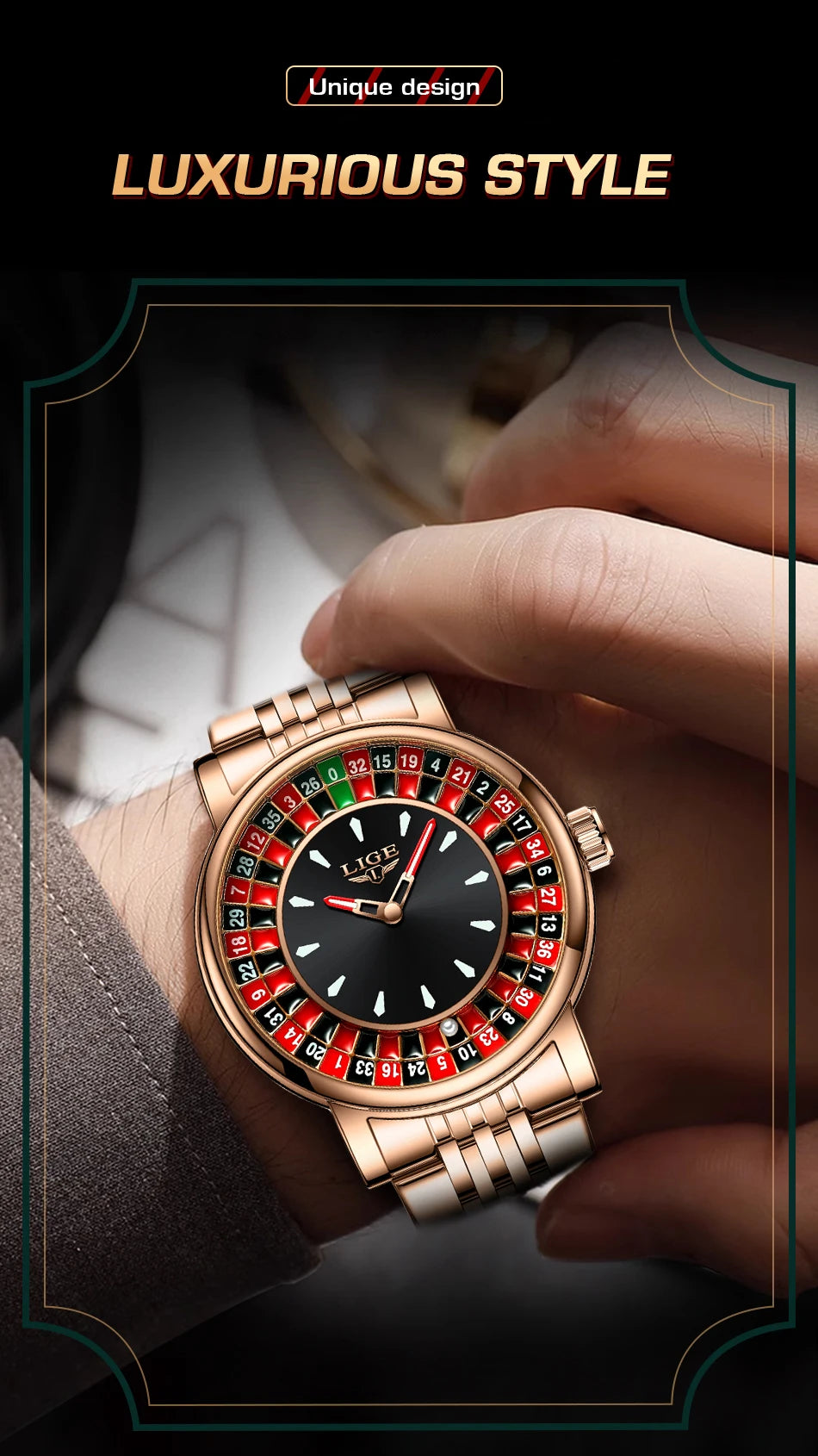 LIGE Luxury Roulette Watch - Creative Game Dial Waterproof Luminous