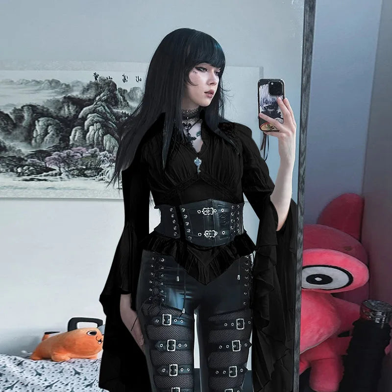 Goth Dark Vintage Fashion Blouses Shirts Women Batwing Sleeve Mall Gothic V-Neck Slim Shirts Tops Embellished Halloween Clothes