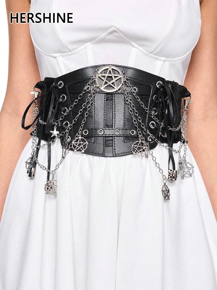 HERSHINE 1 piece women's Y2K black chain waist belt five-pointed star decoration Gothic style street style Halloween cosplay