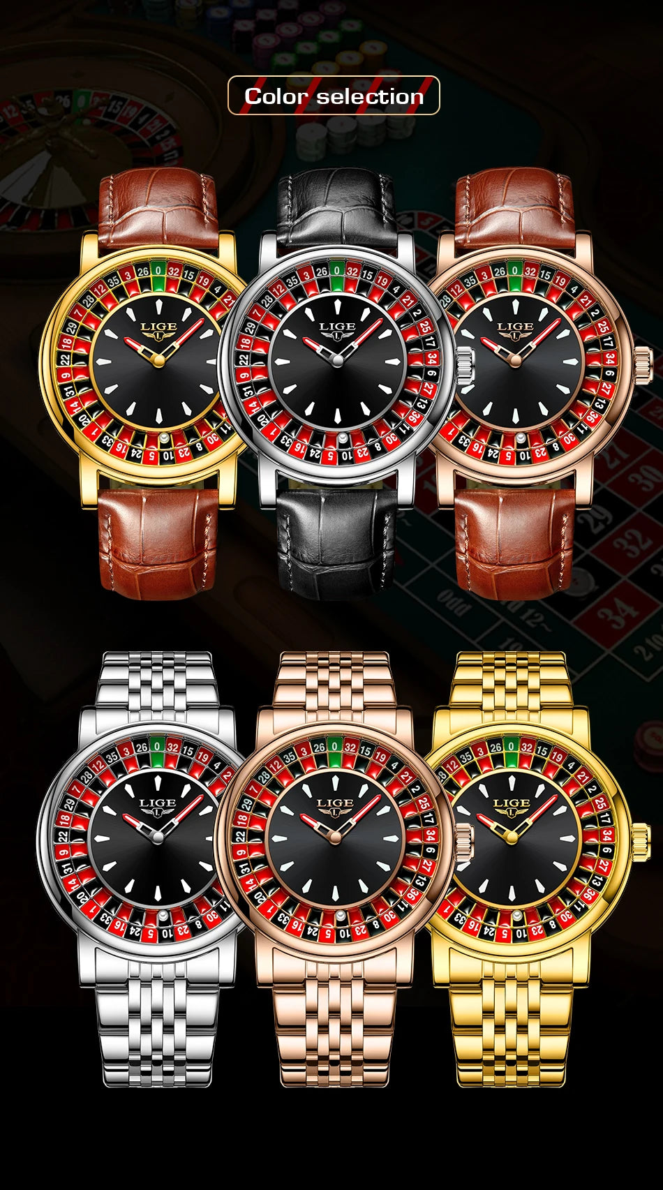 LIGE Luxury Roulette Watch - Creative Game Dial Waterproof Luminous