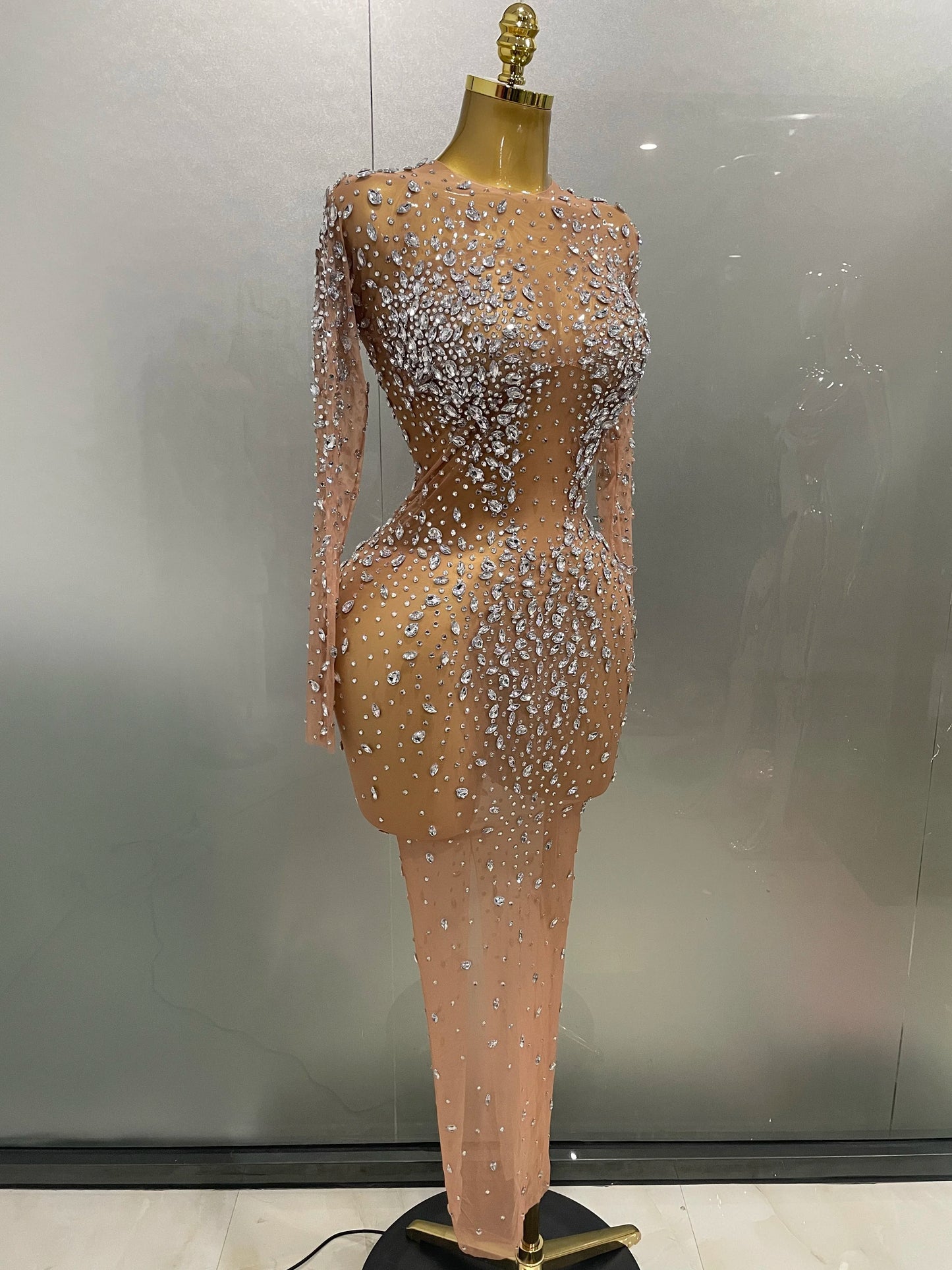 Sexy, glänzendes, langes Stretch-Mesh-Kleid mit Strasssteinen – transparent – ​​2025 – Neu – Damen-Abendkleid, Geburtstagskleid, Partykleid, Ballkleid, Clubkleid, Bühnenkleid für Sängerinnen