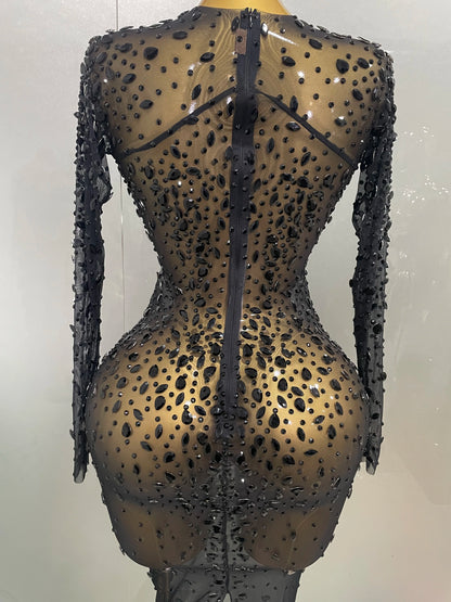Sexy, glänzendes, langes Stretch-Mesh-Kleid mit Strasssteinen – transparent – ​​2025 – Neu – Damen-Abendkleid, Geburtstagskleid, Partykleid, Ballkleid, Clubkleid, Bühnenkleid für Sängerinnen