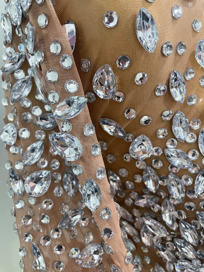 Sexy, glänzendes, langes Stretch-Mesh-Kleid mit Strasssteinen – transparent – ​​2025 – Neu – Damen-Abendkleid, Geburtstagskleid, Partykleid, Ballkleid, Clubkleid, Bühnenkleid für Sängerinnen