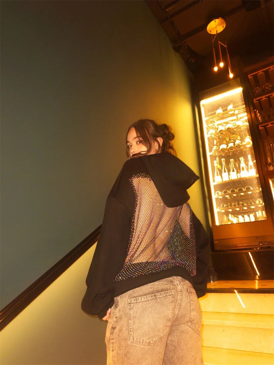 Women's Fashion Translucent Pullover Sweatshirt American Gothic Sexy Hollow Mesh Hoodie Y2K Clothes Casual Long Sleeves Jacket