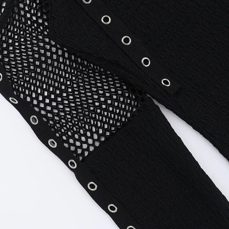 Dark Veil Gothic Fishnet Patchwork Off-Shoulder Halter Top