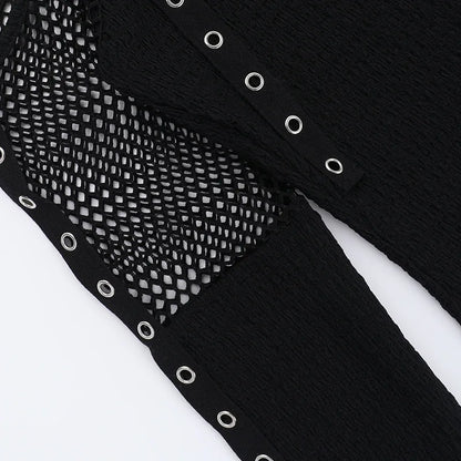 Dark Veil Gothic Fishnet Patchwork Off-Shoulder Halter Top