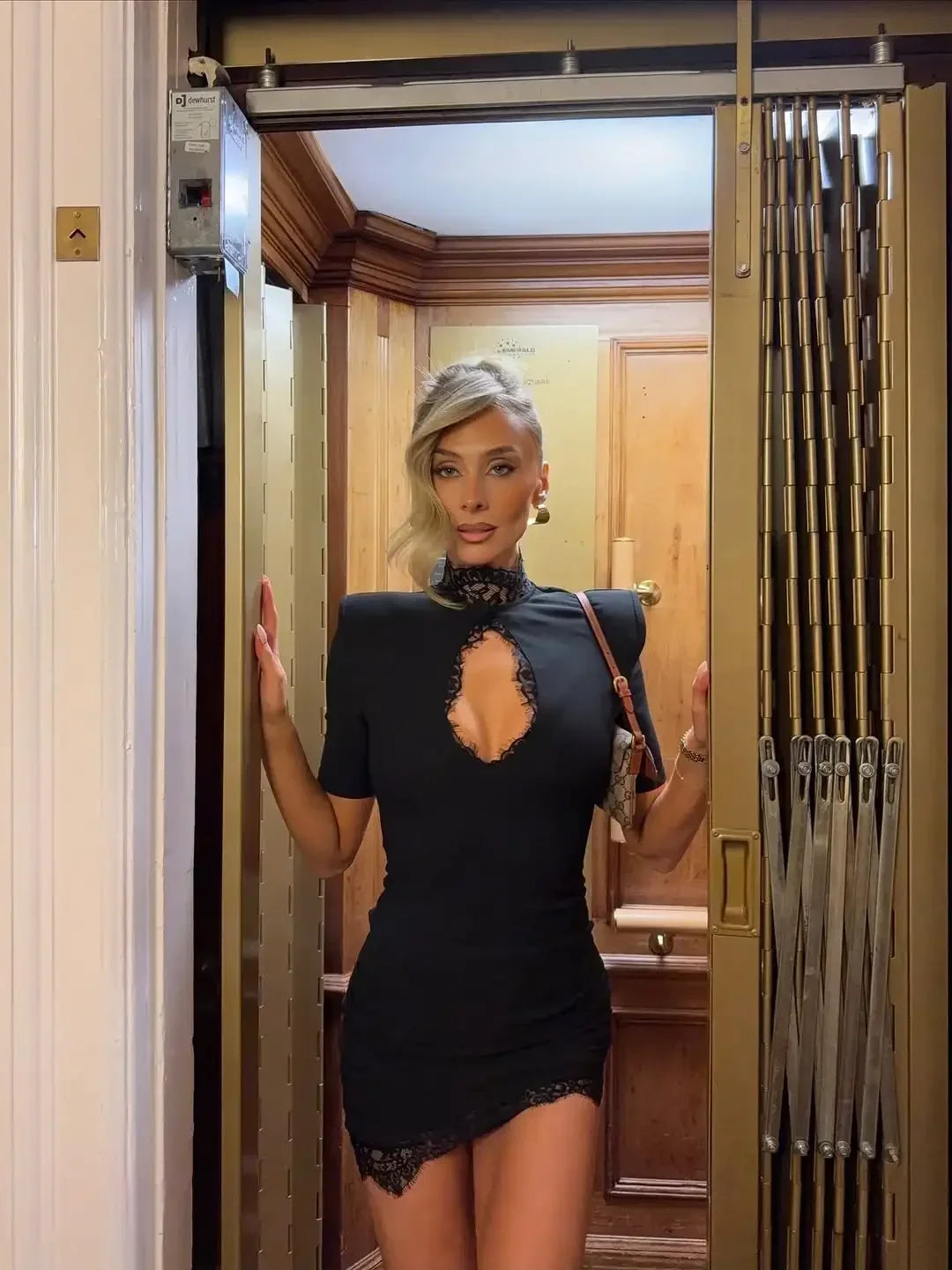 Lady Black Lace Hollow Out Mini Dress Women Elegant Short Sleeve High Collar Slim Dresses 2025 Fashion Evening Party Wares