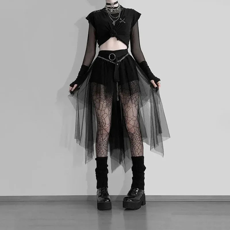 Sexy, hochtaillierter, asymmetrischer Rock aus Netzgarn für Damen – Sommer, neuer europäischer und amerikanischer Gothic-Stil, vielseitiger Freizeitrock