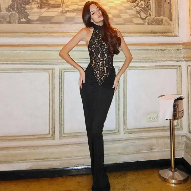 Mozision Schwarzes, schulterfreies, trägerloses, ärmelloses Maxikleid aus Spitze mit Neckholder für Damen – figurbetont, perfekt für Club und Partys