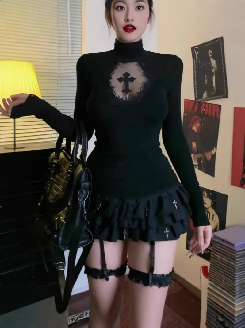 Rollkragenpullover Y2K Kleidung Schwarz Gothic Kreuz Hohl Slimming Bottom T-Shirt für Damen Langarm Sexy T-Shirt Mädchen Tops