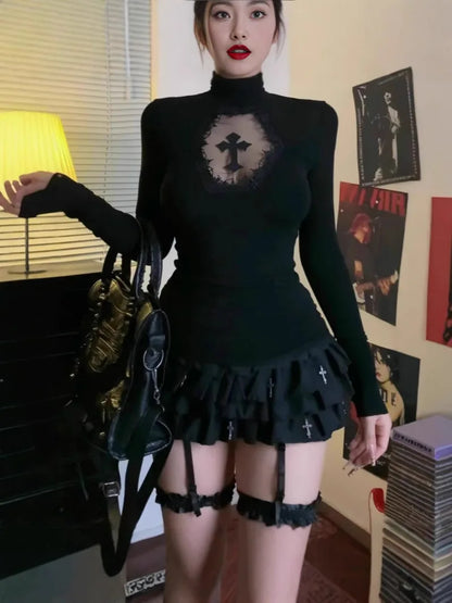 Rollkragenpullover Y2K Kleidung Schwarz Gothic Kreuz Hohl Slimming Bottom T-Shirt für Damen Langarm Sexy T-Shirt Mädchen Tops