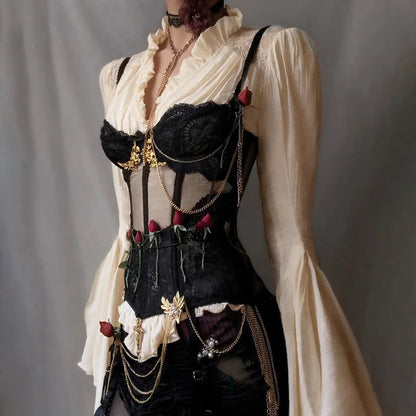 Goth Dark Vintage Fashion Blouses Shirts Women Batwing Sleeve Mall Gothic V-Neck Slim Shirts Tops Embellished Halloween Clothes