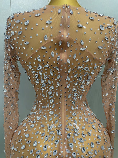 Sexy, glänzendes, langes Stretch-Mesh-Kleid mit Strasssteinen – transparent – ​​2025 – Neu – Damen-Abendkleid, Geburtstagskleid, Partykleid, Ballkleid, Clubkleid, Bühnenkleid für Sängerinnen