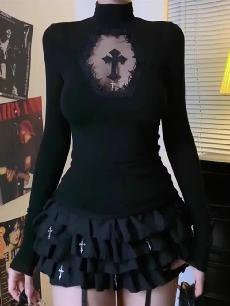Rollkragenpullover Y2K Kleidung Schwarz Gothic Kreuz Hohl Slimming Bottom T-Shirt für Damen Langarm Sexy T-Shirt Mädchen Tops