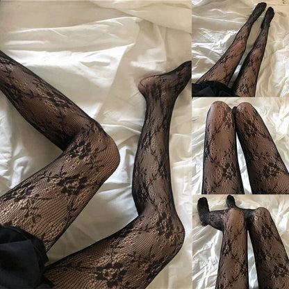 Bas résille longs sexy pour femmes, collants en maille transparente à motifs floraux, lingerie