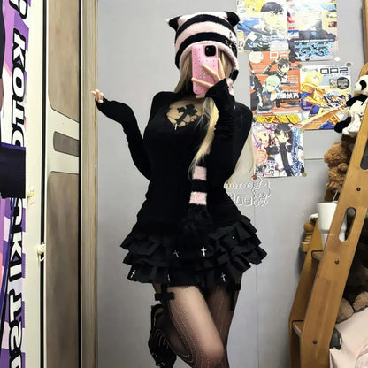 Rollkragenpullover Y2K Kleidung Schwarz Gothic Kreuz Hohl Slimming Bottom T-Shirt für Damen Langarm Sexy T-Shirt Mädchen Tops