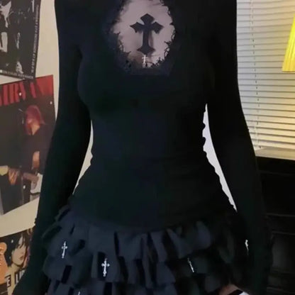 Rollkragenpullover Y2K Kleidung Schwarz Gothic Kreuz Hohl Slimming Bottom T-Shirt für Damen Langarm Sexy T-Shirt Mädchen Tops