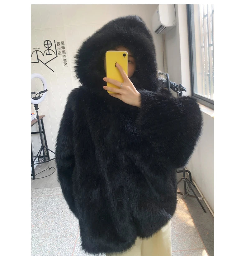 Manteau d'hiver oversize Nerazzurri blanc et noir, chaud, duveteux, en fausse fourrure à capuche, pour femme, collection automne-hiver 2023