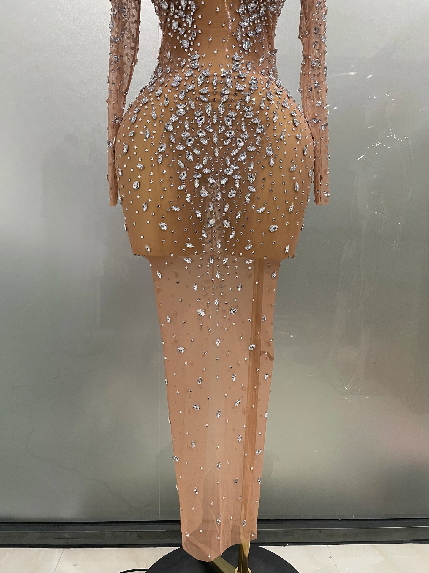 Sexy, glänzendes, langes Stretch-Mesh-Kleid mit Strasssteinen – transparent – ​​2025 – Neu – Damen-Abendkleid, Geburtstagskleid, Partykleid, Ballkleid, Clubkleid, Bühnenkleid für Sängerinnen