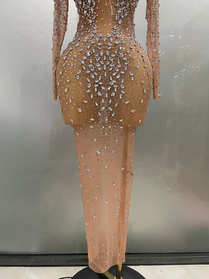 Sexy, glänzendes, langes Stretch-Mesh-Kleid mit Strasssteinen – transparent – ​​2025 – Neu – Damen-Abendkleid, Geburtstagskleid, Partykleid, Ballkleid, Clubkleid, Bühnenkleid für Sängerinnen