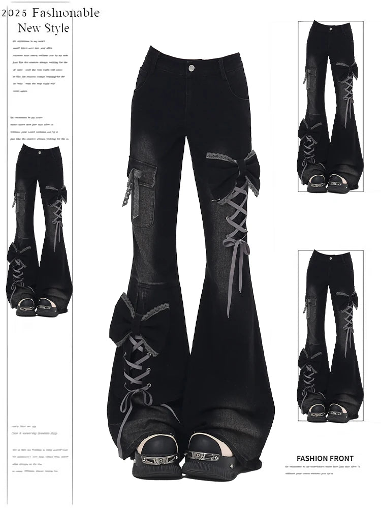 Women's Low Rise Flare Jeans Bow Lace Up Japanese Designer Denim Pants Shoujo Y2k American Retro Bell Bottom Jeans Harajuku New