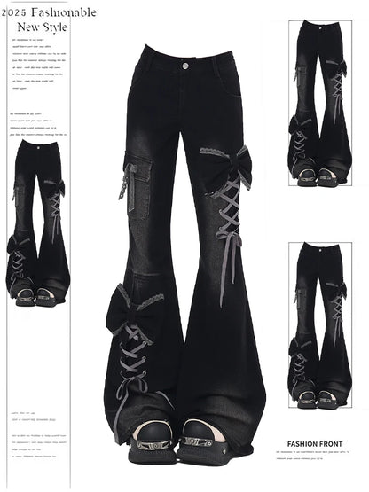 Women's Low Rise Flare Jeans Bow Lace Up Japanese Designer Denim Pants Shoujo Y2k American Retro Bell Bottom Jeans Harajuku New