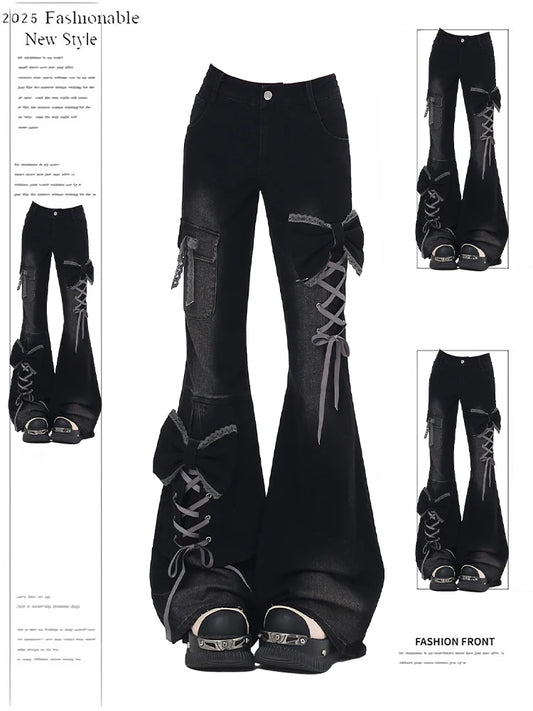 Women's Low Rise Flare Jeans Bow Lace Up Japanese Designer Denim Pants Shoujo Y2k American Retro Bell Bottom Jeans Harajuku New