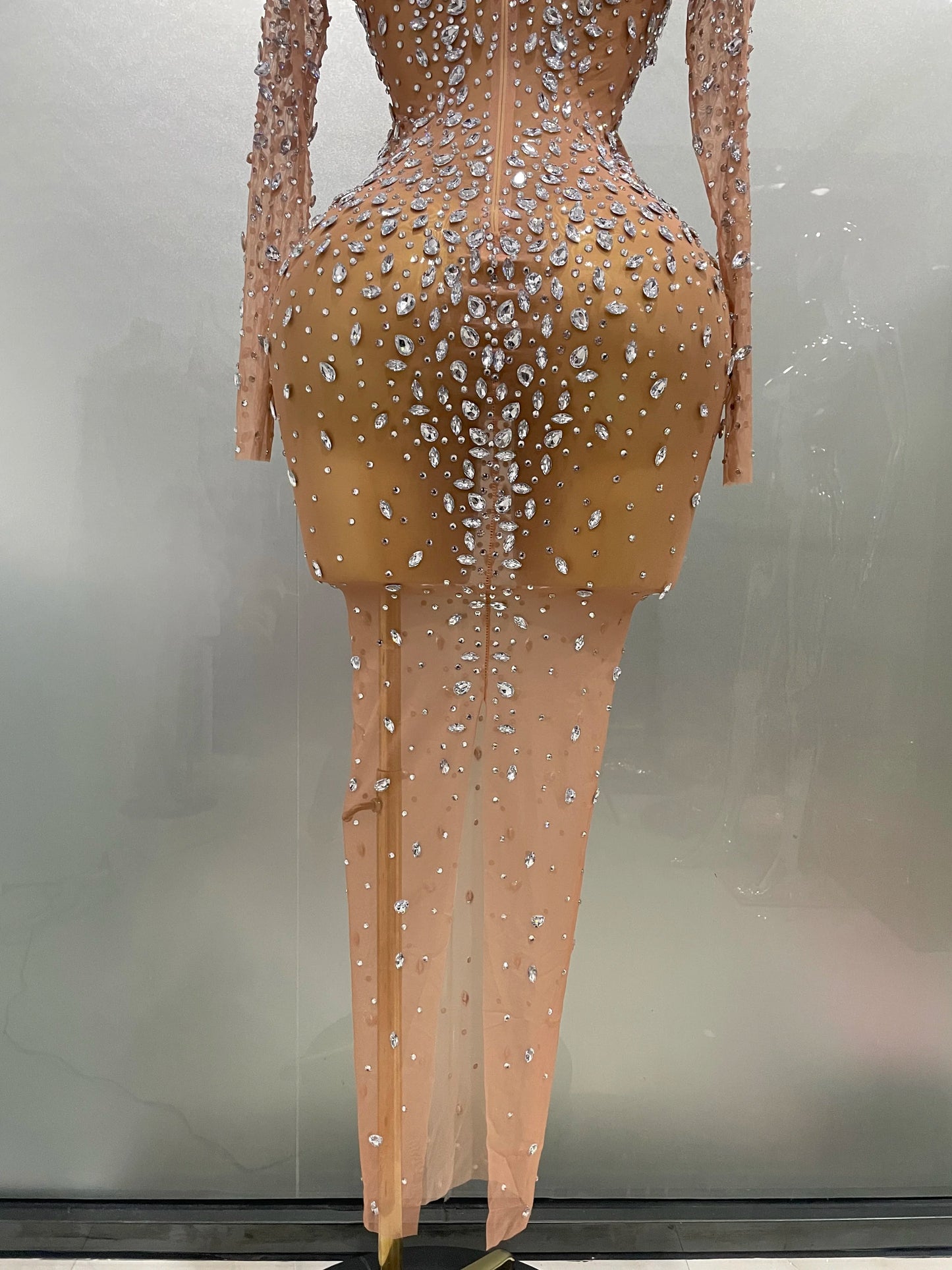 Sexy, glänzendes, langes Stretch-Mesh-Kleid mit Strasssteinen – transparent – ​​2025 – Neu – Damen-Abendkleid, Geburtstagskleid, Partykleid, Ballkleid, Clubkleid, Bühnenkleid für Sängerinnen