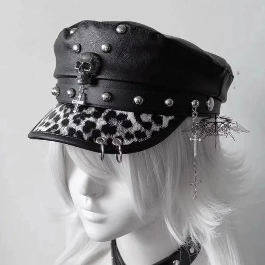 Fashion PU Leather Women Beret Punk Style Vintage Flat Top Military Caps  Outdoor Casual Army Cap