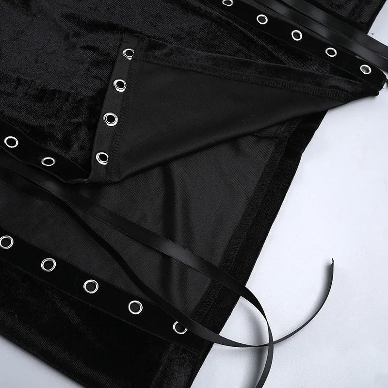 Punk-Grunge-Kleid mit hohem Beinschlitz, Trägern, 90er-Jahre-Streetwear-Stil, sexy Samtkleid mit Maisbandage, Gothic-Kleidung