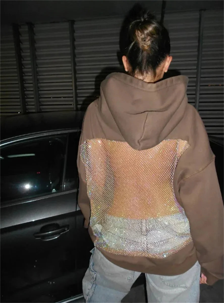 Women's Fashion Translucent Pullover Sweatshirt American Gothic Sexy Hollow Mesh Hoodie Y2K Clothes Casual Long Sleeves Jacket