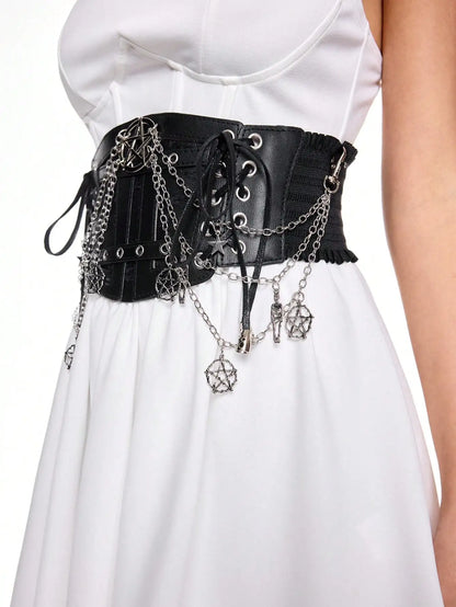 HERSHINE 1 piece women's Y2K black chain waist belt five-pointed star decoration Gothic style street style Halloween cosplay