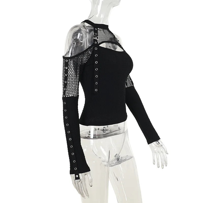 Dark Veil Gothic Fishnet Patchwork Off-Shoulder Halter Top