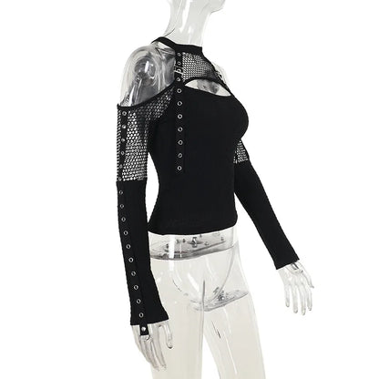 Dark Veil Gothic Fishnet Patchwork Off-Shoulder Halter Top