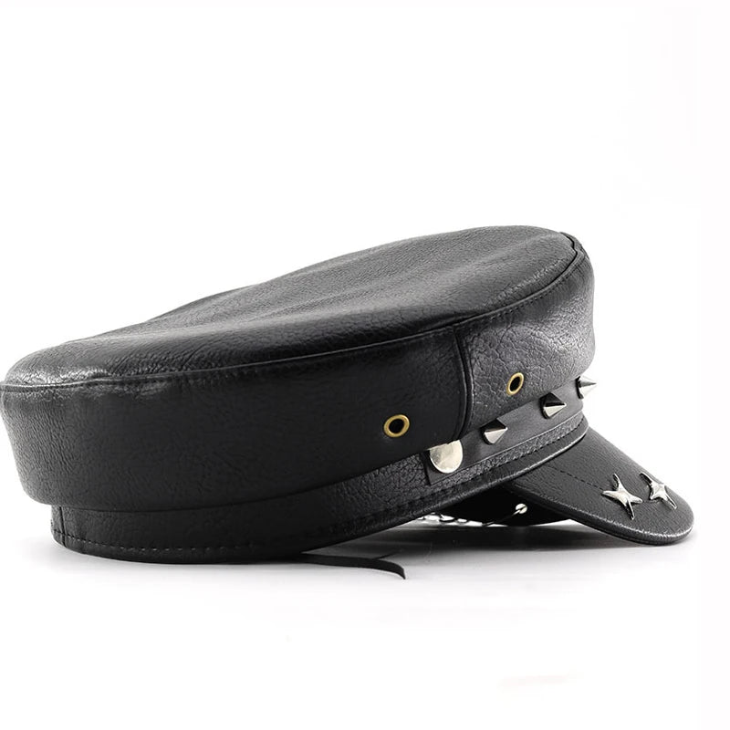 Fashion PU Leather Women Beret Punk Style Vintage Flat Top Military Caps  Outdoor Casual Army Cap