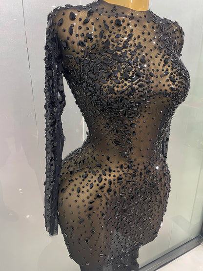 Sexy, glänzendes, langes Stretch-Mesh-Kleid mit Strasssteinen – transparent – ​​2025 – Neu – Damen-Abendkleid, Geburtstagskleid, Partykleid, Ballkleid, Clubkleid, Bühnenkleid für Sängerinnen