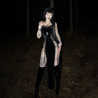 Punk-Grunge-Kleid mit hohem Beinschlitz, Trägern, 90er-Jahre-Streetwear-Stil, sexy Samtkleid mit Maisbandage, Gothic-Kleidung