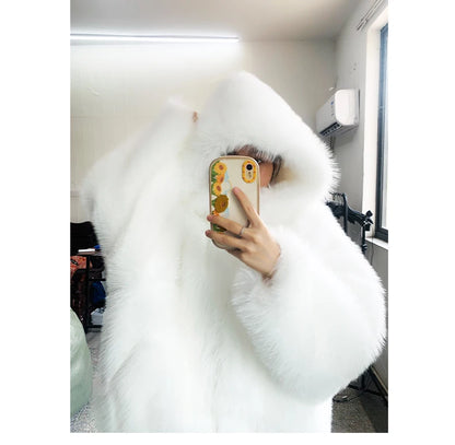 Manteau d'hiver oversize Nerazzurri blanc et noir, chaud, duveteux, en fausse fourrure à capuche, pour femme, collection automne-hiver 2023