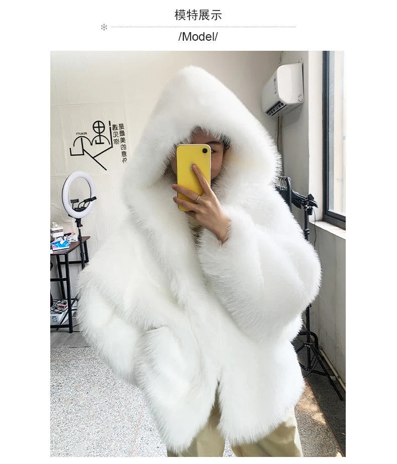 Manteau d'hiver oversize Nerazzurri blanc et noir, chaud, duveteux, en fausse fourrure à capuche, pour femme, collection automne-hiver 2023