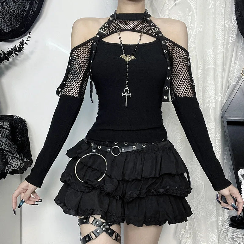 Dark Veil Gothic Fishnet Patchwork Off-Shoulder Halter Top