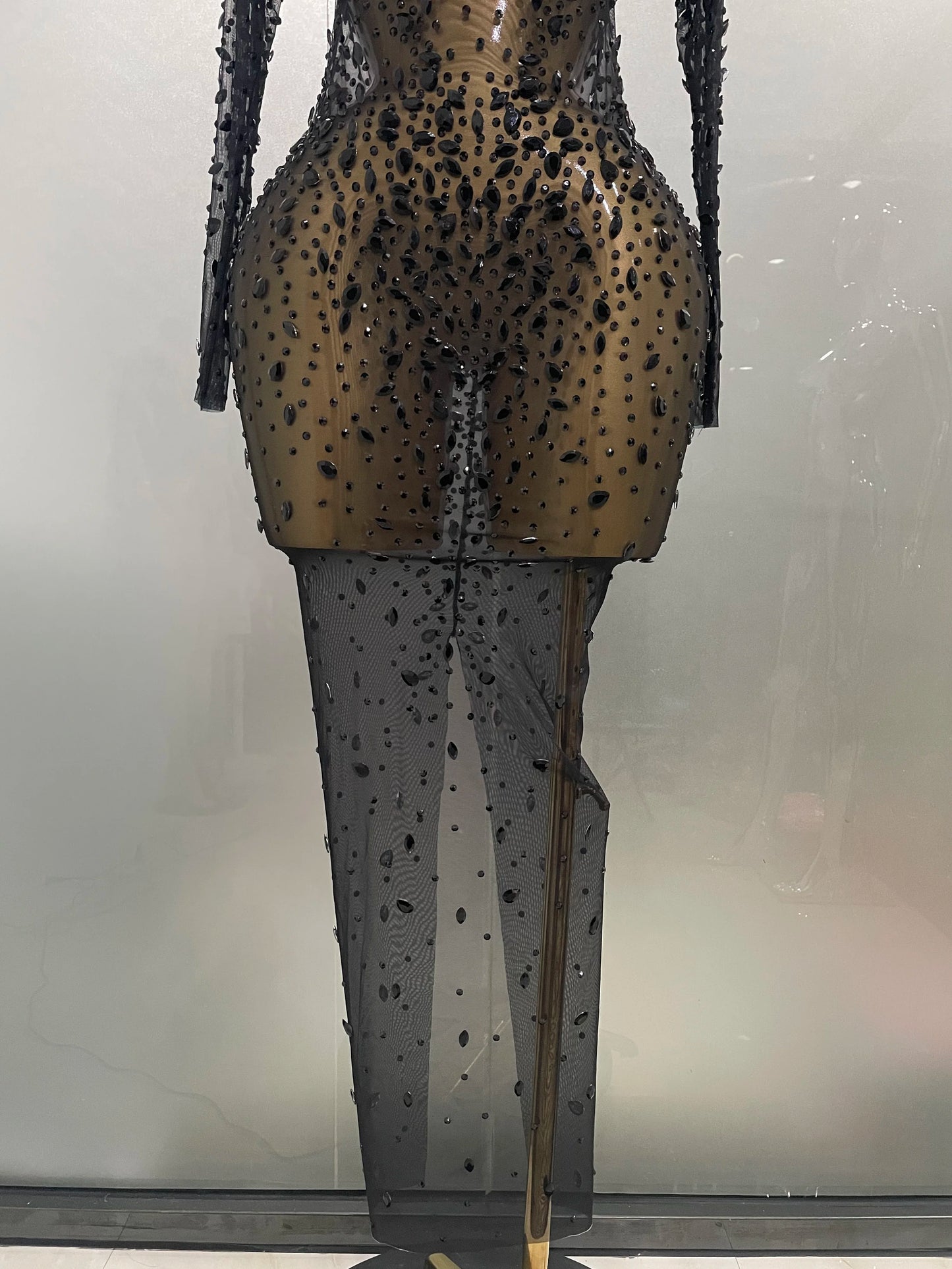 Sexy, glänzendes, langes Stretch-Mesh-Kleid mit Strasssteinen – transparent – ​​2025 – Neu – Damen-Abendkleid, Geburtstagskleid, Partykleid, Ballkleid, Clubkleid, Bühnenkleid für Sängerinnen