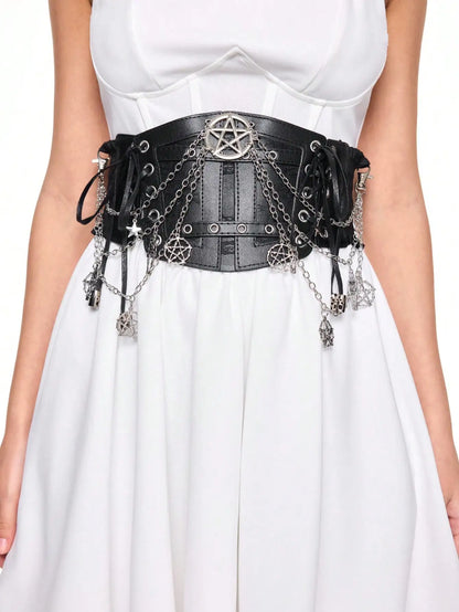 HERSHINE 1 piece women's Y2K black chain waist belt five-pointed star decoration Gothic style street style Halloween cosplay