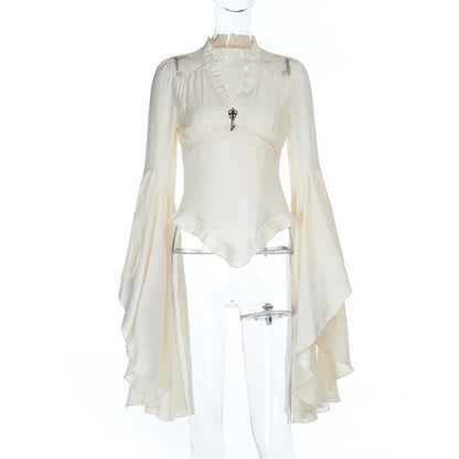 Goth Dark Vintage Fashion Blouses Shirts Women Batwing Sleeve Mall Gothic V-Neck Slim Shirts Tops Embellished Halloween Clothes