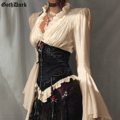 Goth Dark Vintage Fashion Blouses Shirts Women Batwing Sleeve Mall Gothic V-Neck Slim Shirts Tops Embellished Halloween Clothes